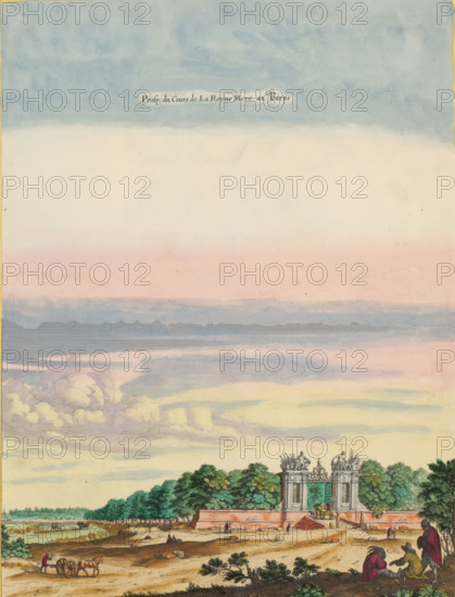 Prosp. du Cours de La Reijne Mere au Parijs, View of the entrance to the court of Anne of Austria in Paris, print, album page, View of the entrance to the court of Queen Mother Anne of Austria in Paris. Print is part of an album., printmaker: Matthäus Merian (II), Frankfurt am Main, Paris, colorer (graphic design artist): Anna Beeck, The Hague, 1655, colorer (graphic design artist), Hessen, paper, engraving, etching, hand coloring, tears, torn etching and engraving hand-colored in pink, green, blue, and yellow, pasted onto album page, surrounded by a yellow frame with a red border, height 368 mm x width 277 mm, height 536 mm x width 318 mm, Print originally produced as a book illustration for: Zeiller, Martin. Topographia Galliae, oder Beschreibung und Contrafaitung der vornehmbsten und bekantisten Oerter in dem mächtigen und grossen Königreich Frankreich, 13 parts. Frankfurt am Main: Caspar Merian, 1655-1661. The print was first published in volume 1: Topographia Galliae, 1655. The pr...