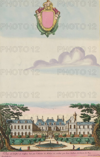 View of the Hôtel de Soissons in Paris, Veuë de l'Hostel de Soissons bati by Catherine de Medicis, et conduit by Iean Bullant Architecte du Roy, print, album page, built for Catherine de'Medici, queen of France. In the air an ornamental empty coat of arms. Numbered at the bottom right: 44. Print is part of an album., printmaker: Israël Silvestre, Paris, publisher: Israël Henriet, grantor of privilege: Louis XIV (King of France), colorer (graphic design artist): Anna Beeck, The Hague, 1631 - 1661, colorer (graphic design artist), paper, etching, hand coloring, tears, torn etching hand-colored in pink, green, blue, and yellow, pasted onto album page, a yellow frame with a red border surrounds the image, height 388 mm x width 252 mm, height 534 mm x width 316 mm, The image is supplemented at the top with a painted sky., hotel, i.e. small palace in city, Hôtel de Soissons, A wide, formal building with a symmetrical façade and multiple stories sits at the bottom of the image, flanked by tal...