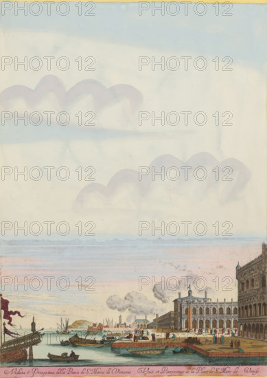 Veduta a Prospetiva della Piaza di St Marco di Venezia, Veuë et Perspective de la Place de St Marc de Venise, St. Mark's Square, Doge's Palace and the Biblioteca Marciana in Venice, Views of Rome, print, album page, View of St. Mark's Square, Doge's Palace and the Biblioteca Marciana in Venice. Title in Italian and French below the performance. Print is part of an album., printmaker: Israël Silvestre, Paris, colorer (graphic design artist): Anna Beeck, The Hague, 1631 - 1691, 1693 - 1717, colorer (graphic design artist), paper, colour, etching, tearing, etching hand-colored in pink, green, blue, and yellow, pasted onto album page, around the print a yellow frame with a red border, height 343 mm x width 247 mm, Print is part of a series of 12 prints with views of Rome. The print has been torn along the top edge of the image. The image has been supplemented at the top with a painted sky., square, circus, city-view, and landscape with man-made constructions, palace, Venice, Doge's Palace,...
