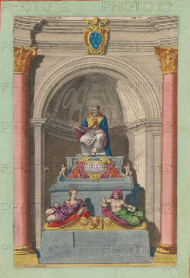 Tomb of Pope Paul III, print, album page, Tomb of Pope Paul III. A tomb monument with sculptures of a female personification with a fasces and a male personification with a mirror. Above it a sculpture of Pope Paul III. The tomb stands in a niche. Above the niche hangs the coat of arms of Pope Paul III. Numbered above: Tabula 35, p. 112. Print is part of an album., printmaker: Jean Charles Allet, Rome, publisher: Felicis Caesaretti, publisher: Paribeni, colorer (graphic design artist): Anna Beeck, The Hague, 1693 - 1717, 1696, colorer (graphic design artist), paper, colour, etching, etching hand-colored in pink, green, blue, and yellow, around the print a green frame with a red border, height 300 mm x width 193 mm, Print originally produced as a book illustration for: Philippo Bonanni. Numismata summorum pontificum templi Vaticani fabricam indicatia... Rome: Felicis Caesaretti & Paribeni, 1696. This book is illustrated with prints by Filippo Bonanni, Arnold van Westerhout, Alessandro S...
