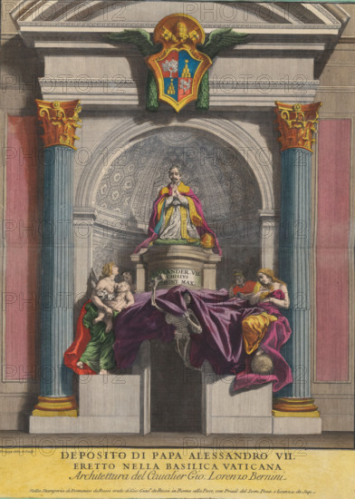 Tomb of Pope Alexander VII, Deposito di papa Alessandro VII eretto nella Basilica Vaticana, print, album page, Tomb of Pope Alexander VII. A tomb monument with sculptures of female personifications and Death. Above it, a sculpture of Pope Alexander VII. The tomb stands in a niche. Above the niche hangs the coat of arms of Pope Alexander VII. Print is part of an album., printmaker: Nicolas Dorigny, publisher: Domenico de' Rossi, Rome, colorer (graphic design artist): Anna Beeck, The Hague, 1657 - 1729, 1693 - 1717, Nicolas Dorigny, Domenico de' Rossi, Anna Beeck, colorer (graphic design artist), paper, colour, etching, etching hand-coloured in pink, green, blue and yellow, around the print a green frame with red border, height 396 mm x width 290 mm, Person, Alexander VII, grave, tomb, sarcophagus, Vatican City, St. Peter's Basilica, A painted architectural scene showing a central stone niche with a domed, coffered interior and a crowned clerical figure seated on a raised pedestal draped...