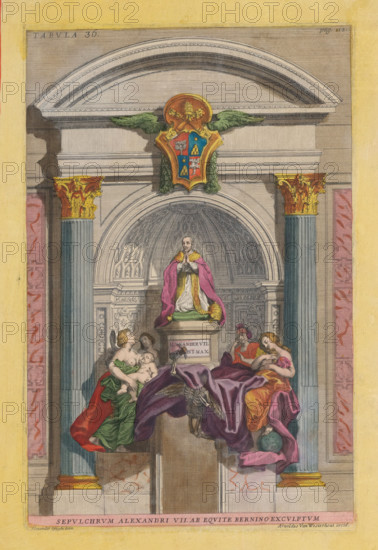 Sepulchrum Alexandri VII ab equite Bernino exculptum, Tomb of Pope Alexander VII, print, album page, Tomb of Pope Alexander VII. A funerary monument with sculptures of female personifications and Death. Above it a sculpture of Pope Alexander VII. The tomb stands in a niche. Above the niche hangs the coat of arms of Pope Alexander VII. Numbered above: Tabula 36, page. 113. Print is part of an album., printmaker: Arnold van Westerhout, Rome, after drawing by Alessandro Specchi, publisher: Felicis Caesaretti, publisher: Paribeni, colorer (graphic design artist): Anna Beeck, The Hague, 1693 - 1717, 1696, colorer (graphic design artist), paper, colour, etching, etching colored by hand in pink, green, blue and yellow, around the print a yellow frame with red border, height 304 mm x width 197 mm, Print originally produced as a book illustration for: Philippo Bonanni. Numismata summorum pontificum templi Vaticani fabricam indicatia... Rome: Felicis Caesaretti & Paribeni, 1696. This book is ill...