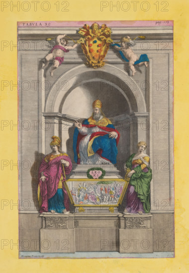 Tomb of Pope Leo XI, Sepulchrum Alexandri VII ab equite Bernino exculptum, print, album page, Tomb of Pope Leo XI. A sarcophagus flanked on either side by a sculpture of a female personification. Above it, a sculpture of Pope Leo XI. The tomb stands in a niche. Above the niche hangs the coat of arms of Pope Leo XI and two floating putti. Numbered above: Tabula 39, page. 115. Print is part of an album., printmaker: Giovanni Girolamo Frezza, Rome, publisher: Felicis Caesaretti, publisher: Paribeni, colorer (graphic design artist): Anna Beeck, The Hague, 1693 - 1717, 1696, colorer (graphic design artist), paper, colour, etching, etching colored by hand in pink, green, blue and yellow, pasted on album page, around the print a yellow frame with red border, height 305 mm x width 200 mm, height 530 mm x width 309 mm, Print originally produced as a book illustration for: Philippo Bonanni. Numismata summorum pontificum templi Vaticani fabricam indicatia... Rome: Felicis Caesaretti & Paribeni, 1...