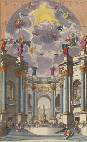 Sitietes venite ad aquas, Thirsty people come to the water, print, album page, View of a fantasy architecture with a fountain. People gather around the fountain. Above, angels float in the air. Print is part of an album., printmaker: Theodor Verkruys, Italy, colorer (graphic design artist): Anna Beeck, The Hague, 1656 - 1739, 1693 - 1717, colorer (graphic design artist), paper, colour, etching, etching hand-colored in pink, green, blue and yellow, pasted onto album page, around the print a yellow frame with red border, height 358 mm x width 217 mm, height 531 mm x width 320 mm, angels, ornamental fountain, fantastic architecture, unrealistic architectural fantasies, A large classical interior with tall fluted columns topped by ornate capitals, broad steps leading up to a balustraded platform, and an elevated central fountain; many figures in colorful robes stand, sit, and climb the stairs and balconies, some in small groups conversing and others moving about; above the architecture a v...