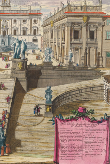 Disegno e prospetto del Romano Campidoglio modern, Stairs to Piazza del Campidoglio in Rome, print, album page, View of the stairs leading to the Piazza del Campidoglio on the Capitoline Hill in Rome. Above, a banner with the title. In the lower right, a cartouche with an explanatory list of numbers. Print is part of an album., inscription: 'AH', printmaker: Alessandro Specchi, Rome, publisher: Domenico de' Rossi, colorer (graphic design artist): Anna Beeck, The Hague, dedicated by: Domenico de' Rossi, dedicated to: Ottavio Riario, 1691 - 1729, 1693 - 1717, Domenico de' Rossi, Anna Beeck, Ottavio Riario, printmaker, publisher, colorer (graphic design artist), paper, color, etching, etching hand-colored in pink, green, blue, and yellow, height 485 mm x width 658 mm, square, circus, city-view, and landscape with man-made constructions, Roman Catholic Church, hotel, i.e., small palace in city, Capitoline Hill, Piazza del Campidoglio, A colored engraving showing a grand stone staircase and...