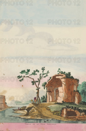Ruins of the temple of the Villa Adriana in Tivoli, Temple de la ville Adrianne, Landscapes with ruins in Italy, print, album page, Series number, 1, Landscape with the remains of the temple of the Villa Adriana in Tivoli. Title in bottom margin. Print is part of an album., printmaker: Gabriel Perelle, France, after drawing by Jan Asselijn, publisher: Pierre Ferdinand, Paris, colorer (graphic design artist): Anna Beeck, The Hague, grantor of privilege: French crown, 1627 - 1655, 1693 - 1717, colorer (graphic design artist), paper, colour, etching, torn, etching hand-colored in pink, green, blue, and yellow, pasted onto album page, around the print a yellow frame with a red border, height 383 mm x width 251 mm, Print is part of a series of unknown size. The print has been torn along the top edge of the image. The depiction is supplemented at the top with a painted sky., ruin of a building, architecture, landscape with ruins, temple, shrine, Roman religion, Tivoli, Villa Adriana, A coast...