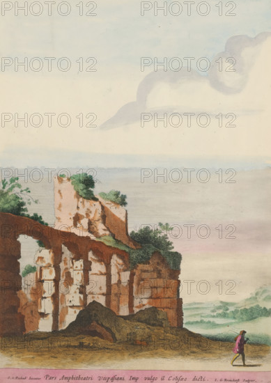 Pars Amphitheatri Vespasiani Imp vulgo il Coliseo dicti, Ruins of the Colosseum in Rome, Roman ruins, print, album page, Landscape with the remains of the Colosseum in Rome. A man with a stick is walking on the right. Title in the lower margin. Print is part of an album., printmaker: Jan Gerritsz. van Bronckhorst, Northern Netherlands, after design by Cornelis van Poelenburch, colorer (graphic design artist): Anna Beeck, The Hague, 1613 - 1661, 1693 - 1717, colorer (graphic design artist), paper, color, etching, torn, etching hand-colored in pink, green, blue, and yellow, pasted onto album page, a yellow frame with a red border around the print, height 355 mm x width 251 mm, Print is part of a series of nine prints based on designs by Van Poelenburch. The print has been torn along the top edge of the image. The image has been supplemented at the top with a painted sky., ruin of a building, architecture, landscape with ruins, theatre (building) - AA - open-air performances, Rome, Coloss...