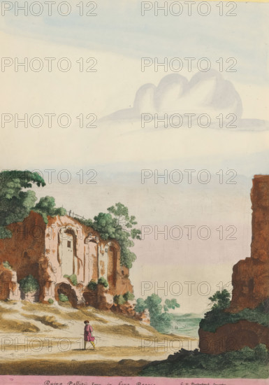 Ruins at the Forum Boarium in Rome, Ruinae Pallitÿ Imp. in Foro Boario, Roman ruins, print, album page, View of a ruin at the Forum Boarium in Rome. In the foreground, a man with a stick is walking. Title in lower margin. Print is part of an album., printmaker: Jan Gerritsz. van Bronckhorst, Northern Netherlands, after design by Cornelis van Poelenburch, colorer (graphic design artist): Anna Beeck, The Hague, 1613 - 1661, 1693 - 1717, colorer (graphic design artist), paper, color, etching, torn, etching hand-colored in pink, green, blue, and yellow, pasted onto album page, a yellow frame with a red border around the print, height 355 mm x width 251 mm, Print is part of a series of nine prints based on designs by Van Poelenburch. The print has been torn along the top edge of the image. The image has been supplemented at the top with a painted sky., ruin of a building, architecture, landscape with ruins, Rome, Forum Boarium, A tall pale sky with a large soft cloud formation above a dista...