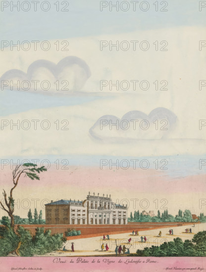 Veuë du Palais de la Vigne de Ludovisio a Rome, Villa Boncompagni Ludovisi in Rome, Views of Italy, print, album page, View of Villa Boncompagni Ludovisi in Rome. Title in French in the bottom margin. Print is part of an album., printmaker: Israël Silvestre, Paris, publisher: Israël Henriet, colorer (graphic design artist): Anna Beeck, The Hague, grantor of privilege: French Crown, France, 1631 - 1691, 1693 - 1717, colorer (graphic design artist), paper, colour, etching, torn, etching hand-colored in pink, green, blue, and yellow, pasted onto album page, around the print a yellow frame with a red border, height 325 mm x width 245 mm, Print is part of a series of 15 prints (title print) with views of Italy. The print has been torn along the top edge of the image. The scene is supplemented at the top with a painted sky., villa, city-view, and landscape with man-made constructions, Rome, Villa Boncompagni Ludovisi, A wide pale sky with soft blue and cream tones fills the upper area, with ...