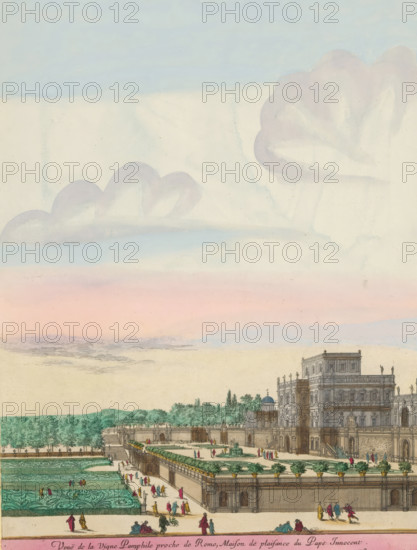 Villa Doria Pamphilj and gardens in Rome, Veuë de la Vigne Pamphile proche de Rome, Maison de plaisance du Pape Innocent, Views of Rome, print, album page, View of Villa Doria Pamphilj and gardens in Rome. Title in French in the bottom margin. Print is part of an album., printmaker: Israël Silvestre, Paris, publisher: Israël Henriet, colorer (graphic design artist): Anna Beeck, The Hague, grantor of privilege: French Crown, France, 1631 - 1691, 1693 - 1717, colorer (graphic design artist), paper, colour, etching, torn, etching hand-colored in pink, green, blue, and yellow, pasted onto album page, around the print a yellow frame with a red border, height 322 mm x width 244 mm, Print is part of a series of 8 prints (title print) with views of Rome. The print has been torn along the top edge of the image. The scene is supplemented at the top with a painted sky., villa, city-view, and landscape with man-made constructions, Rome, Janiculum, Villa Doria Pamphili, A pale sky with soft pastel ...