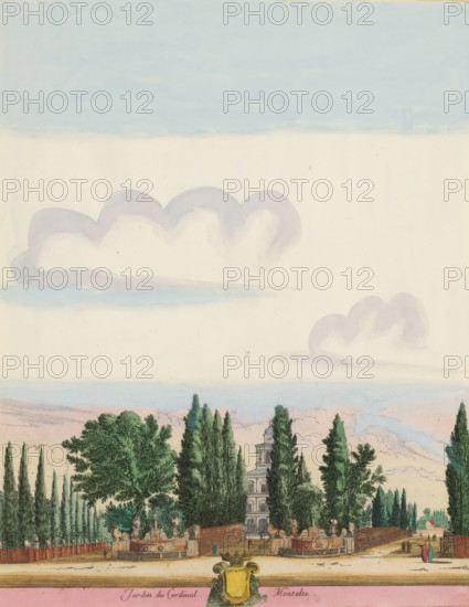 Jardin du cardinal Montalte, Garden at the Villa Montalto in Rome, Views of Rome and the surroundings, print, album page, View of the garden at the Villa Montalto in Rome. Three tree-lined avenues lead towards the villa. Title in French and an empty coat of arms in the lower margin. Print is part of an album., printmaker: Israël Silvestre, Paris, publisher: Israël Henriet, colorer (graphic design artist): Anna Beeck, The Hague, grantor of privilege: French Crown, France, 1631 - 1691, 1693 - 1717, colorer (graphic design artist), paper, colour, etching, torn, etching hand-colored in pink, green, blue, and yellow, pasted onto album page, around the print a yellow frame with a red border, height 315 mm x width 247 mm, Print is part of a series of 9 prints with views of Rome and the surrounding area. The print has been torn along the top edge of the image. The scene is supplemented at the top with a painted sky., garden, villa, city-view, and landscape with man-made constructions, Rome, Vi...