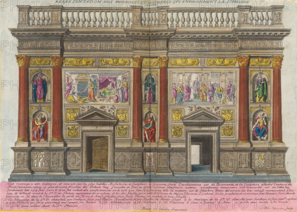North wall of the Santa Casa in Loreto, Septentrion, Representation of the walls and ornaments surrounding the Santa Casa, Holy House of the Virgin Mary in Loreto, print, album page, North wall of the Santa Casa in Loreto. The wall is pierced with six Corinthian pilasters flanked by statues of saints in niches. Between them are two doors with depictions above them of the Nativity of Mary and the marriage of Mary to Joseph. Text in Italian in the lower margin. Print is part of an album., printmaker: Hubert Vincent, Rome, after design by Donato Bramante, Loreto, after sculpture by Andrea Sansovino, colorer (graphic design artist): Anna Beeck, The Hague, grantor of privilege: Papal Court, 1686, 1693 - 1717, Andrea Sansovino, after sculpture by, colorer (graphic design artist), Marche, paper, colour, etching, etching hand-colored in pink, green, blue and yellow, pasted onto album page, around the print a yellow frame with red border, height 234 mm x width 339 mm, This print is part of a se...