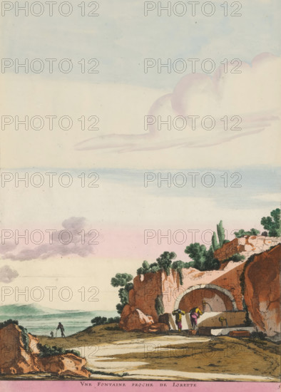 A fountain near Lorette, Fountain in a landscape near Loreto, Landscapes with Roman ruins, print, album page, Series number, 5, 6, Title in French in the bottom margin. Print is part of an album., printmaker: Gabriel Perelle, France, after design by Jan Asselijn, publisher: Pierre Ferdinand, Paris, colorer (graphic design artist): Anna Beeck, The Hague, grantor of privilege: French Crown, 1620 - 1657, 1693 - 1717, colorer (graphic design artist), paper, colour, etching, torn, etching hand-colored in pink, green, blue, and yellow, pasted onto album page, around the print a yellow frame with a red border, height 363 mm x width 250 mm, This print is part of a series of six prints with landscapes featuring Roman ruins. The print has been torn along the top edge of the image. The representation is supplemented at the top with a painted sky., landscape with ruins, utilitarian, public pump or water fountain, Marche, Loreto, A pale sky with soft blue and pink clouds fills the upper area, with ...