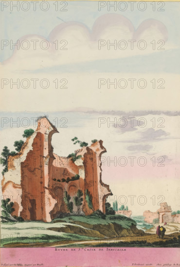Ruins of St. Croix of Jerusalem, Landscape with the ruins of a structure, the Santa Croce in Jerusalem, Landscapes with Roman ruins, print, album page, Series number, 6, Title in French in lower margin. Print is part of an album., printmaker: Gabriel Perelle, France, after design by Jan Asselijn, publisher: Pierre Ferdinand, Paris, colorer (graphic design artist): Anna Beeck, The Hague, grantor of privilege: French Crown, 1620 - 1657, 1693 - 1717, colorer (graphic design artist), paper, colour, etching, torn, etching hand-colored in pink, green, blue, and yellow, pasted onto album page, around the print a yellow frame with a red border, height 363 mm x width 250 mm, This print is part of a series of six prints with landscapes featuring Roman ruins. The print has been torn along the top edge of the image. The representation is supplemented at the top with a painted sky., ruin of a building, architecture, landscape with ruins, A tall, crumbling reddish-brown rock formation with jagged ed...