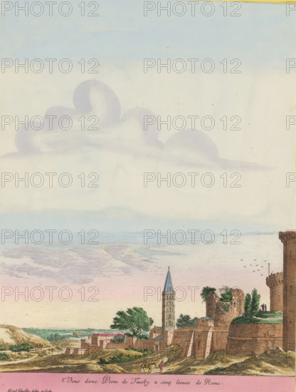 View of a Tivoli Gate five miles from Rome, City Gate near Tivoli, Views of Italy, print, album page, View of a city gate five miles from Tivoli. Title in French in the bottom margin. Print is part of an album., printmaker: Israël Silvestre, Paris, publisher: Israël Henriet, colorer (graphic design artist): Anna Beeck, The Hague, grantor of privilege: French Crown, France, 1631 - 1691, 1693 - 1717, colorer (graphic design artist), paper, colour, etching, torn, etching hand-colored in pink, green, blue, and yellow, pasted onto album page, around the print a yellow frame with a red border, height 325 mm x width 245 mm, Print is part of a series of 15 prints (title print) with views of Italy. The print has been torn along the top edge of the image. The scene is supplemented at the top with a painted sky., city-view, and landscape with man-made constructions, city-gate, Italy, A pale sky with soft, rounded clouds above a distant horizontal line and faint layered cloud bands, below which a ...