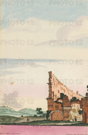 Landscape with the ruins of the Colosseum in Rome, Ruyne du Colisée, Ruins in Italy, print, album page, Series number, 4, 6, Title in French in bottom margin. Print is part of an album., printmaker: Gabriel Perelle, France, after drawing by Jan Asselijn, publisher: Pierre Ferdinand, Paris, colorer (graphic design artist): Anna Beeck, The Hague, grantor of privilege: French Crown, 1627 - 1655, 1693 - 1717, colorer (graphic design artist), paper, color, etching, tears, etching hand-colored in pink, green, blue, and yellow, pasted onto album page, around the print a yellow frame with a red border, height 381 mm x width 250 mm, Print is part of a series of at least six prints with ruins in Italy., ruin of a building, architecture, landscape with ruins, theatre (building) - AA - open-air performances, Rome, Colosseum, A pale sky with soft, rounded clouds fills the upper portion, fading into a light horizon above distant, low hills. Below, a broad expanse of flat land leads to a large, ruine...