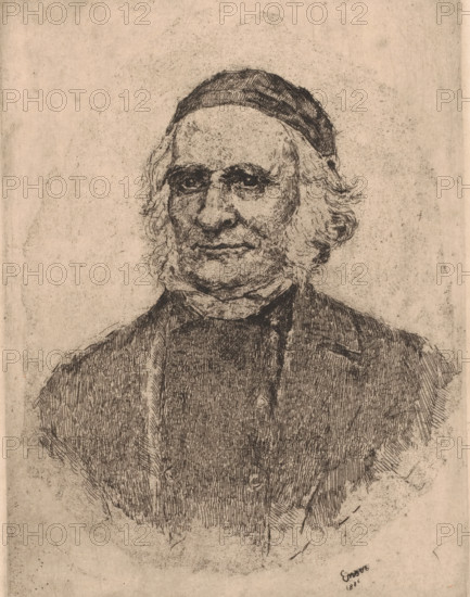 Portrait de Frise, botanist suedois, Portrait of Elias Magnus Fries, print, printmaker: James Ensor, 1886, paper, etching, intaglio printmaking technique, etching with plate tone, height 252 mm x width 190 mm, Person, Elias Magnus Fries, historical persons, adult man, A monochrome etched portrait of an older man shown from the chest up, with a lined face, deep-set eyes, and a slight smile, wearing a dark cap and a high-collared garment; his hair is wavy and frames his face, and fine parallel etching lines form the shading and texture throughout the image on a plain, lightly mottled background.