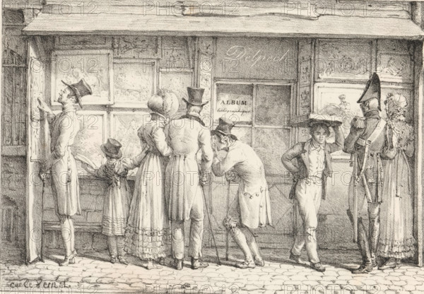 Delpech Print Shop, Receuil de dessins sur pierre, Series of lithographs, print, album page, The name Delpech can be read on the shop's facade and a paper with 'Album lithographique' on the window. Print is part of an album., printmaker: Carle Vernet, publisher: François Séraphin Delpech, 1818 - 1825, Carle Vernet, François Séraphin Delpech, printmaker, publisher, paper, lithography, lithografie, height 301 mm x width 444 mm, eg: engraving, etching, lithograph, shop-window, show-window, A monochrome scene shows a row of people standing in front of a shop window filled with framed images. The figures wear period clothing including long coats, dresses with full skirts and bonnets, top hats, and a bicorne hat worn by a uniformed man with a sword. One man leans forward to peer into the window while holding a cane, a child rests a hand on the window ledge, and another young boy stands with a flat object balanced on his head and a hand on his hip. A couple stands close together facing the di...