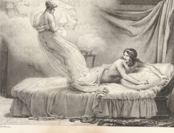 Cephalus and Aurora, Series of lithographs, Receuil de dessins sur pierre, print, album page, Print is part of an album., printmaker: Pierre Claude François Delorme, 1818 - 1819, paper, lithography, height 300 mm x width 442 mm, A monochrome illustration shows a bedroom scene with a large bed draped in soft, flowing fabric and a ruffled bedskirt; a reclining figure with long curly hair and a headband lies on the mattress propped on one elbow, looking toward a standing figure nearby; the standing figure wears a sheer, billowing gown that wraps around the body and trails onto the bed, the fabric appearing light and translucent as it flows upward around the head; behind the bed a heavy curtain hangs with deep folds, and a small table or stand sits between the figures with a low, round object emitting a faint puff of vapor or smoke; the floor beneath the bed shows wooden planks and a dark textured rug at the foot.