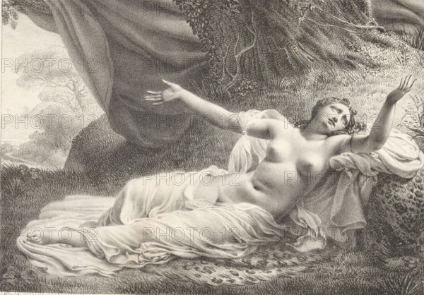 Angelica, Receuil de dessins sur pierre, Series of lithographs, print, album page, Print is part of an album., printmaker: Pierre Claude François Delorme, 1818 - 1819, paper, lithography, height 304 mm x width 443 mm, A reclining nude woman lies on a draped surface beneath a large tree, her torso partially covered by a sheer cloth that wraps around her waist and legs. Her left arm is extended outward with an open hand while her right arm is raised with the palm facing up, and her head is tilted back with eyes directed upward. Curled hair frames her face and a band encircles her upper arm. The background shows dense foliage, grasses, and textured ground, with tree trunks and hanging vines nearby and a hint of distant trees and water visible through the leaves. The image is rendered in a detailed, stippled monochrome style.