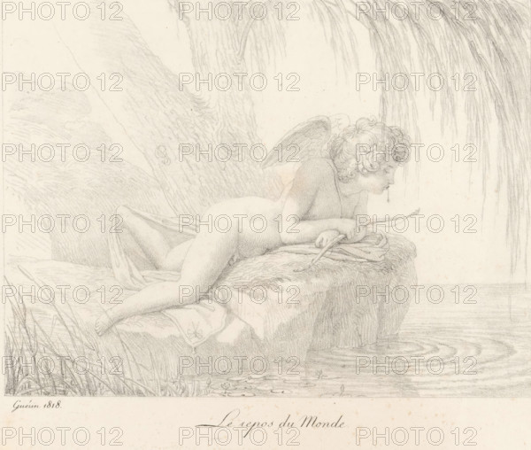 Le repos du Monde, Resting Amor, Series of lithographs, Receuil de dessins sur pierre, print, album page, Print is part of an album., printmaker: Pierre Narcisse Guérin, 1818, paper, lithography, height 270 mm x width 360 mm, (story of) Cupid, Amor (Eros), resting - BB - out of doors, A softly shaded pencil drawing shows a reclining childlike figure with curly hair and small wings leaning over a ledge toward water, holding a thin stick while a drop falls from the figure’s mouth and ripples appear in the water below, the figure rests on textured cloth and fur with legs extended and one arm supporting the body, nearby tall grasses rise from the lower edge and a large tree trunk with hanging slender branches fills the background, subtle shading suggests distant foliage and a calm surface of water.