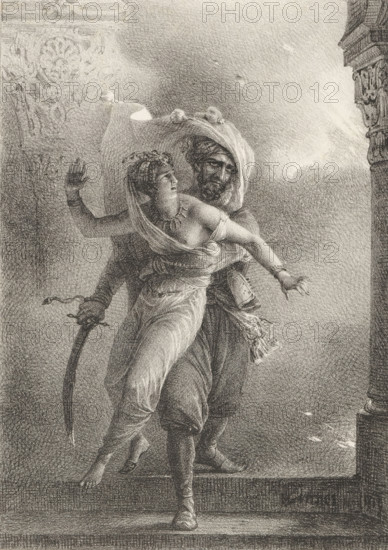 Conrad saves Culnare from the fire, Series of lithographs, Receuil de dessins sur pierre, print, album page, Scene from the story 'The Corsair' by Lord Byron from 1814. Print is part of an album., printmaker: Horace Vernet, 1818 - 1819, paper, lithography, height 300 mm x width 444 mm, rescue from fire, burning, A monochrome engraving shows a man carrying a woman as they descend a set of stone steps. The man wears a turban and loose garments and holds the woman around her waist with one arm while a curved sword hangs from his other hand. The woman is draped in flowing, translucent fabric with one shoulder exposed and her hair adorned with small decorations; she reaches outward with one arm and looks back over her shoulder. The scene includes architectural elements such as a carved pillar at the right edge and a decorative relief on the left wall, and there is a play of light and shadow across the figures and the background.