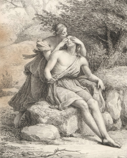 Orpheus and Eurydice, Series of lithographs, Receuil de dessins sur pierre, print, album page, Print is part of an album., printmaker: Louis Hersent, 1818 - 1819, paper, lithography, lithografie, height 303 mm x width 445 mm, A monochrome drawing of two seated figures on a rocky, grassy ledge, one figure leaning behind the other with arms raised to cover the front figure’s eyes while leaning forward to kiss the forehead; the front figure is partially draped in a loose garment across the torso and lap, holding a lyre-like instrument by its frame, with legs extended and feet resting on the ground; the background shows textured foliage, bushes, and tree trunks, with detailed shading and crosshatching throughout the landscape and clothing.