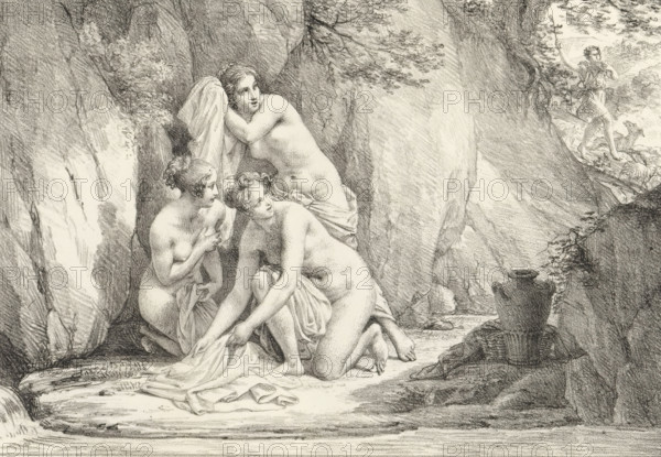 Diana and Actaeon, Series of lithographs, Receuil de dessins sur pierre, print, album page, Print is part of an album., 1818 - 1819, printmaker, paper, lithography, height 299 mm x width 437 mm, Diana bathing with her nymphs, Actaeon changed into a stag: as punishment for seeing her bathe, Diana changes Actaeon, the hunter, into a stag (Ovid, Metamorphoses III 193), A detailed pencil drawing shows three partially draped women seated on a rocky ledge inside a cave opening, two of them crouched and one leaning against the rock while holding a cloth to her head; the figures have curled hair and soft shading on their skin and drapery. Rough textured rock walls surround them, with foliage and small branches visible near the top of the opening. A narrow passage at the right leads outward where a standing figure appears on a rocky outcrop beyond the cave rim, and a dog-like animal is near that figure. In the foreground near the cave edge there is a large rounded vessel set on the ground besid...