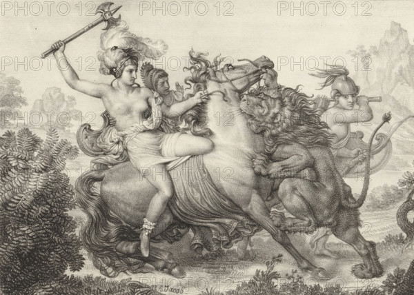 Hippolyte attacked by a lion, Series of lithographs, Receuil de dessins sur pierre, print, album page, Print is part of an album., printmaker: Nicolas Henri Jacob, 1818, paper, lithography, height 300 mm x width 440 mm, fight of Hercules and the Amazons, A detailed monochrome engraving shows a partially draped woman seated on a rearing horse, her hair in an elaborate plume and one arm raised holding a long, ornate weapon while the other hand grips the horse's mane, a second figure beside her wearing a helmet and holding reins, and a helmeted male figure at the rear of the chariot holding a long pole; a lion with a flowing mane claws at the horse's flank and presses against the animal, plants and ferns frame the lower left, and distant rocky hills rise in the background.