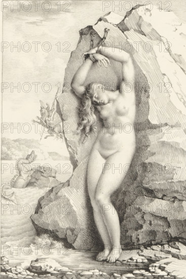 Andromeda chained to the rock, Receuil de dessins sur pierre, Series of lithographs, print, album page, Print is part of an album., 1818 - 1819, printmaker, paper, lithography, height 290 mm x width 440 mm, A monochrome drawing shows a nude woman standing against a large, jagged rock formation with her wrists bound above her head by chains attached to the rock; her head is tilted to one side, eyes closed, and long wavy hair falls over her shoulder, while her body is rendered with detailed shading and soft contours; at the rock base her bare feet rest on a rocky shoreline with small waves lapping nearby; in the background a winged figure on a horse appears in midair and a sea creature with a long neck and open mouth rises from the water near distant cliffs, all depicted with fine linework and textured hatching.