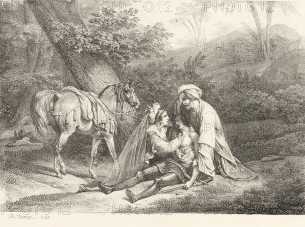 Kneeling woman and man by a wounded soldier, Receuil de dessins sur pierre, Series of lithographs, print, album page, Print is part of an album., printmaker: Horace Vernet, 1818, paper, lithography, height 299 mm x width 440 mm, battle, dying, A monochrome drawing shows a wooded landscape with trees and distant hills. In the foreground a horse stands saddled and draped with cloth, facing toward two people. A seated figure in ornate clothing and armor leans back with head tilted, appearing supported by another standing figure wearing a turban and loose garments. A woman with a veil and decorative headpiece kneels beside the seated figure, her hands touching the seated figure’s chest. The ground shows grass and a few scattered items, and the scene is rendered with fine shading and detailed textures.
