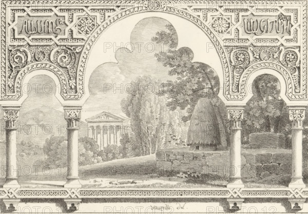 Landscape with a temple, Album litographique, Receuil de dessins sur pierre, Series of lithographs, print, album page, Print is part of an album., printmaker: Jean Lubin Vauzelle, 1818 - 1819, paper, lithography, height 300 mm x width 436 mm, city-view, and landscape with man-made constructions, temple, shrine, Roman religion, A detailed pencil drawing shows an ornate archway with decorative geometric and floral patterns along its upper border and carved capitals on slender columns, framing a landscape beyond; through the arches are trees of varied shapes and textures including tall slender trunks, a rounded weeping tree, and dense foliage, as well as a classical temple with a pediment and columns partially obscured by greenery; in the foreground inside the arch there is a low stone structure and a rounded, thatch-like form, while the ground shows grass and scattered rocks, and the entire scene is rendered in fine stippled and linear shading.