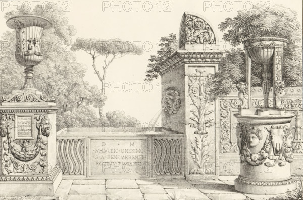 Terrace with decorated fountain, Receuil de dessins sur pierre, Series of lithographs, print, album page, Print is part of an album., printmaker: H. Lebas, 1819, paper, lithography, lithografie, height 298 mm x width 432 mm, garden fountain, A detailed black and white drawing shows ornate stone architecture and decorative urns set against trees; on the left is a tall fluted urn with sculpted dolphin figures and a carved pedestal adorned with garlands and a lion head, while in the center a rectangular basin with a carved face spouts water into a lower pool and is flanked by a carved pilaster with acanthus motifs; to the right an elaborate covered font with columns and a round basin rests on a pedestal decorated with human faces and bull heads, and a carved semicircular ornament sits atop the central wall; patterned paving stones cover the foreground and leafy trees fill the background.