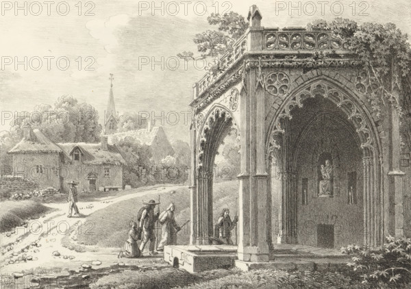 Landscape with pilgrims at a chapel, Receuil de dessins sur pierre, Series of lithographs, print, album page, Print is part of an album., printmaker: Jean Lubin Vauzelle, 1818 - 1819, paper, lithography, height 302 mm x width 437 mm, city-view, and landscape with man-made constructions, A detailed monochrome drawing shows a Gothic stone porch with ornate carved arches and columns on the right, an interior shadowed space with a statue visible inside, and foliage growing around the upper balustrade; to the left a dirt road curves past thatched cottages and trees toward a church spire in the distance, while several small human figures walk or kneel near the porch and along the road, wearing period clothing and carrying staffs or hats.