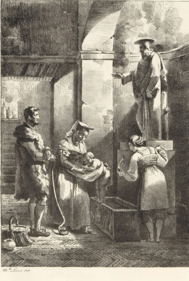 Group of figures drinking at a source with statue of saints, Receuil de dessins sur pierre, Series of lithographs, print, album page, Print is part of an album., printmaker: Antoinette Cécile Hortense Haudebourt-Lescot, 1818, paper, lithography, height 296 mm x width 437 mm, monument, statue, well, Holy Water font, pious customs, A shaded interior scene rendered in monochrome shows a high-arched stone doorway with light falling across rough walls and a tall figure standing on a step to the right, wearing a long robe and a flat hat, one arm extended outward. Below and slightly left a woman in a headscarf cradles a small child wrapped in cloth, looking down at the child, while a man in period clothing with a cloak stands nearby facing them. A young woman bent forward on the right holds a small object toward the child from the edge of a large wooden chest. In the foreground on the floor are a pair of boots and a basket with other small items. Through a distant opening on the left, faint f...