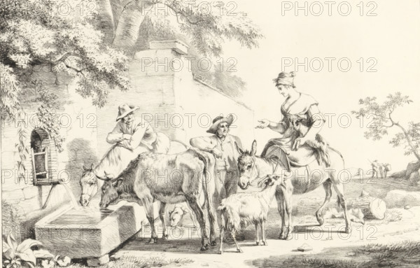 Shepherds by a spring, Series of lithographs, Receuil de dessins sur pierre, print, album page, Print is part of an album., 1818 - 1819, printmaker, paper, lithography, height 303 mm x width 443 mm, herd, flock, A pencil drawing shows a rural scene with several people and animals gathered near a stone water trough fed by a spout set in a wall. Two cattle drink from the trough while a goat stands nearby and a small sheep is visible under one cow. A man wearing a wide-brimmed hat leans forward on one of the animals, another man in a hat stands beside the group with his arm resting on an animal, and a woman wearing a headscarf and dress sits astride a donkey, extending a hand toward the others. A large leafy tree and architectural wall fill the background on the left, while a distant landscape with two small figures and another animal appears on the right. The drawing features detailed shading and fine line work throughout.