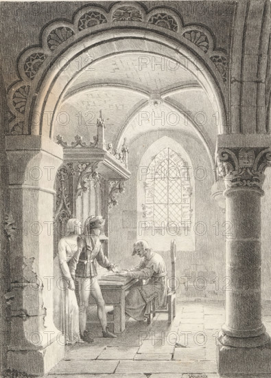 Chapel with a man and a woman for a clergyman, Receuil de dessins sur pierre, Series of lithographs, print, album page, Print is part of an album., printmaker: Jean Lubin Vauzelle, 1818 - 1819, paper, lithography, height 299 mm x width 440 mm, parts of church interior: chapel, A pencil drawing showing an interior with arched stone ceilings and carved decorative moldings, a tall arched window with a lattice pattern letting light into the space, a carved wooden canopy or screen with ornate tracery, a seated man at a table writing or signing documents while leaning over a flat surface, two standing figures nearby one wearing a long dress and veil and the other in fitted garments with a belted tunic and hose gesturing toward the table, a large round column with a carved capital featuring faces and scrollwork, stone floor tiles, and soft shading that defines depth and architectural details.