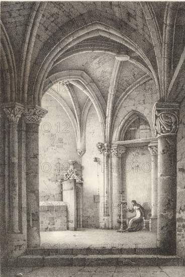 Nun with parrot in a chapel, Series of lithographs, Receuil de dessins sur pierre, print, album page, Print is part of an album., printmaker: Louis Jules Fréderic Villeneuve, 1818 - 1819, paper, lithography, height 303 mm x width 443 mm, nun(s), ornamental birds: parrot, parts of church interior: chapel, A grayscale drawing of a vaulted interior space with ribbed arches and stone columns, ornate capitals on several pillars, and a high textured ceiling. The foreground shows a stepped stone floor leading into a recessed area with tall archways and a niche. A seated figure in simple garments is positioned near a stand holding an object, appearing small against the architecture. Light and shadow emphasize the curved ribs of the vaults, carved decorative elements, and the rough stone walls. The overall scene focuses on the architectural details and the solitary person within the space.