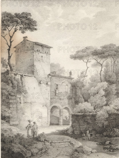 Landscape, Series of lithographs, Receuil de dessins sur pierre, print, album page, Print is part of an album., 1818 - 1819, printmaker, paper, lithography, height 301 mm x width 443 mm, city-view, and landscape with man-made constructions, A monochrome drawing shows a tall stone building with a tiled roof and a small tower-like upper section, adjacent walls with arches and columns, and a narrow arched passageway; in front of the building two small figures stand on a path, one wearing a broad hat and the other a shorter hat, both facing the building; to the left a tall tree with a spreading crown rises beside the structure, and to the right a grouping of slender-trunked trees with umbrella-like canopies stands above dense shrubs and foliage; rocky ground and low vegetation fill the foreground, and a softly textured sky occupies the upper portion of the scene.