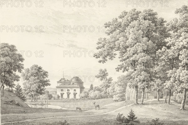 Park landscape with house, Receuil de dessins sur pierre, Series of lithographs, print, album page, Print is part of an album., printmaker: Constant Bourgeois, 1818, paper, lithography, lithografie, height 296 mm x width 440 mm, farm or solitary house in landscape, park, hoofed animals: deer, A wide landscape drawing showing a classical building with a domed roof set back among trees, a lawn and a winding path in the foreground, tall leafy trees framing the scene on the right and left, a small body of water with a boat and figures near its edge, grazing animals on the grass, and a sky with light cloud textures.