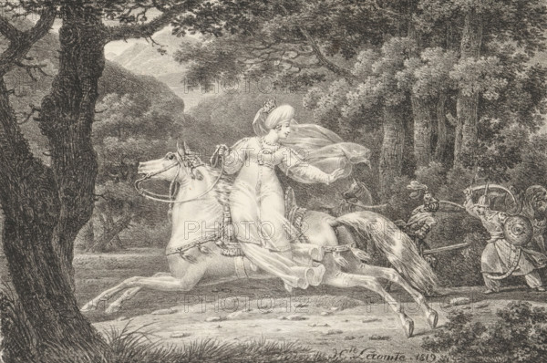 Woman on horseback, Receuil de dessins sur pierre, Series of lithographs, print, album page, Woman with a turban flees on a horse of two fighting soldiers. Print is part of an album., printmaker: Hippolyte Lecomte, 1819, paper, lithography, height 303 mm x width 446 mm, head-gear: turban, horse, A detailed monochrome drawing shows a woman wearing a flowing dress and a headscarf seated on a galloping horse, her veil and sleeves billowing behind her as she reaches out with one hand while holding the reins with the other. The horse is shown in mid-stride with its mane and tail streaming, adorned with decorative tack. A second figure in armor stands nearby holding a spear and shield, facing the horse and woman. The scene is set in a wooded landscape with large trees in the foreground and dense foliage in the background, and a distant valley visible between the trees. The ground beneath the horse shows patches of grass and textured earth.