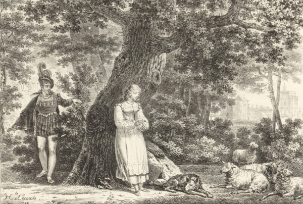 Shepherdess with flock in forest, Series of lithographs, Receuil de dessins sur pierre, print, album page, Print is part of an album., printmaker: Hippolyte Lecomte, 1818, paper, lithography, height 300 mm x width 444 mm, sheep, herd, flock, lovers' meeting, A shaded scene of a large textured tree with thick roots occupies the center, its leafy canopy spreading across the top. A young woman in a simple long dress stands beside the trunk, looking down with hands clasped and a quiet expression. A man in ornate historical clothing and a plumed hat stands partly behind the tree, one arm extended holding foliage. Several sheep and a reclining dog rest on the grassy ground near the tree. In the background, more trees frame a distant view of a large classical building with columns and architectural details, and undergrowth and bushes fill the foreground.
