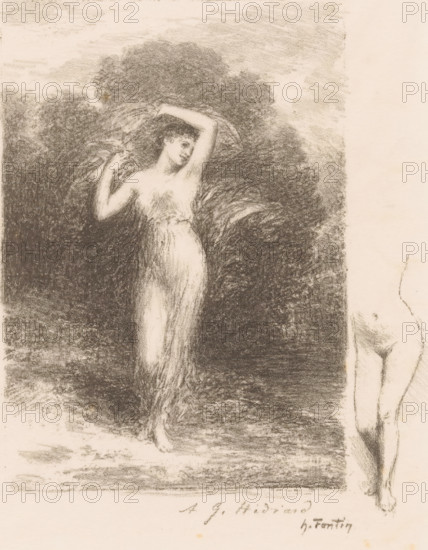 Young woman with scarf, Le jeune Malade, Illustrations pour les Poésies d'André Chénier, Poems by André Chénier, print, Series number, 2, 12, printmaker: Henri Fantin-Latour, printer (person): Auguste Clot, Paris, 1905, Henri Fantin-Latour, Auguste Clot, printmaker, printer (person), paper, chalk lithograph, proof print, height 304 mm x width 235 mm, Illustration for the poem Le Malade by André Chénier, specifically the verses: Que je la voie encore, cette vierge charming!, adolescent, young woman, maiden, veil, A monochrome sketch of a standing female figure in a flowing, translucent garment set against a dark, textured background; she holds one arm raised above her head and the other bent at the elbow, her head tilted to the side with a soft facial expression, and foliage-like strokes surround her upper body while her lower body blends into vertical, wispy shading that suggests fabric and shadow; a partial sketch of another figure appears at the right edge, showing a leg and foot, an...