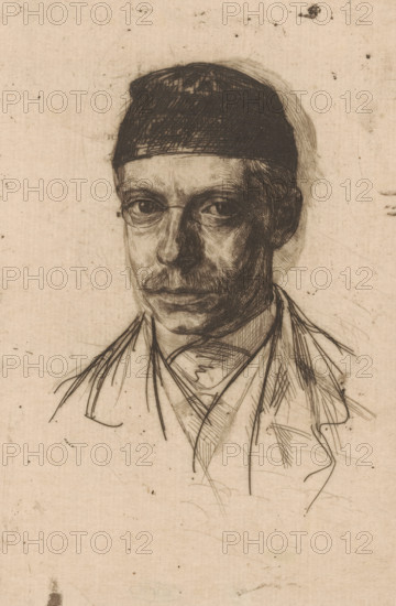 Portrait of Charles Marius van Deventer, print, printmaker: Jan Veth, 1886, paper, etching, drypoint, intaglio printmaking technique, height 239 mm x width 162 mm, Person, Chap van Deventer, historical persons, A sepia-toned sketch of a man's head and upper torso wearing a rounded dark cap, with closely rendered facial features including deep-set eyes, a straight nose, a thin mustache, and textured shading indicating cheekbones and jawline, his gaze directed slightly to one side; loose, expressive lines form a high-collared coat and scarf, and the background shows faint smudges and scratches on the paper.
