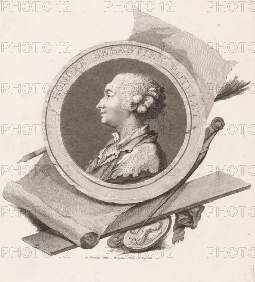 Portrait of Honoré Sébastien Roillet, print, printmaker: Antoine Louis Romanet, after drawing by de Forville, 1767, paper, etching, engraving, height 266 mm x width 226 mm, Person, Honoré Sébastien Roillet, historical persons, portrait, self-portrait of graphic artist, A detailed engraved oval portrait shows a man in profile facing left with curled hair and a ruffled collar, set against a finely hatched dark background within a decorated circular frame; behind and around the frame are draped pieces of cloth, a rolled-up scroll, a painter’s palette with a raised relief, and a long thin rod with a pointed tip, all rendered with delicate line work and cross-hatching on a light, slightly textured paper.