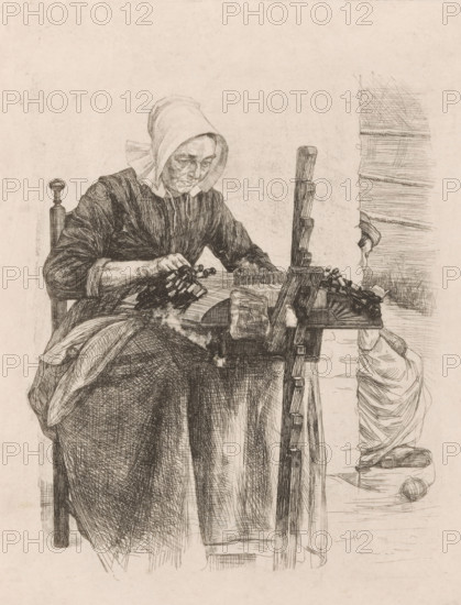 Lacemaker in 's Gravemoer (original title), print, printmaker: Jan Veth, 1885, Jan Veth, printmaker, paper, etching, intaglio printmaking technique, height 208 mm x width 169 mm, sewing, lace, An older woman wearing a bonnet and a dark, long-sleeved dress sits on a wooden chair and leans over a flat work surface, her hands manipulating small objects on a board; a tall vertical wooden frame stands beside the table with clamps and pegs, and folded cloth or wrapped material hangs from the right side; the scene is rendered in fine, crosshatched pen strokes on a light, textured background.