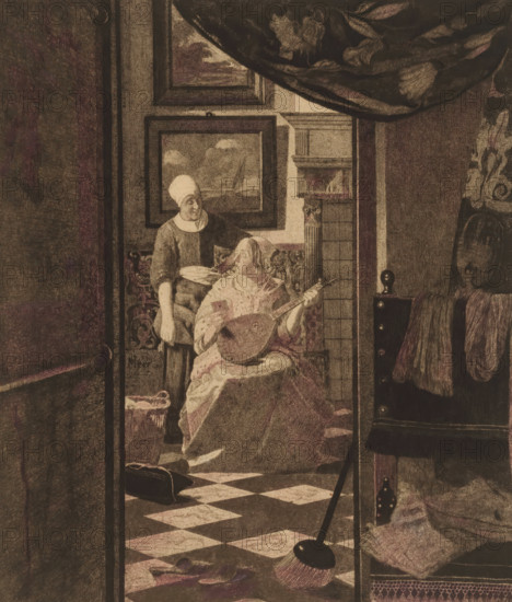 The Love Letter (original title), print, annotation, printmaker: Jan Veth, after painting by Johannes Vermeer, 1893, paper, pencil, etching, intaglio printmaking technique, etching with plate tone, worked with pink pencil, height 297 mm x width 237 mm, lute, and special forms of lute, eg: theorbo, letter, envelope, maid, house personnel, A sepia-toned interior scene framed by a doorway shows a seated woman holding a lute while another woman in a head covering stands beside her holding a plate, both positioned against a wall with framed paintings and a column; patterned fabric drapes hang above and to the right, a tiled stove or architectural element is visible behind them, a checkered floor leads forward where a broom rests near a shawl and slippers, and shelves with folded cloth and rounded knobs appear on the right.
