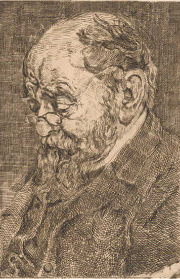 Father (original title on object), print, A portrait of politician Samuel van Houten, with beard, mustache, and glasses., inscription: 'overwerken', printmaker: Barbara Elisabeth van Houten (signed by artist), 1872 - 1950, paper, pencil, etching, intaglio printmaking technique, etching with plate tone, with additions in pencil, height 300 mm x width 200 mm, Samuel van Houten was the father of Barbara Elisabeth van Houten., Person, Samuel van Houten, politician, e.g. party leader, A sepia-toned line drawing of an older man in profile facing left, showing a bald forehead with wisps of hair at the crown and a thick, wavy beard that extends down his chest, with detailed cross-hatching used for shading across his scalp, face, and garments; his facial features include a prominent nose, a mustache merging into the beard, closed or downcast eyes partially obscured by furrowed brow lines, and a rounded ear with internal ridges; he wears a collared coat with visible buttons and textured fabric c...