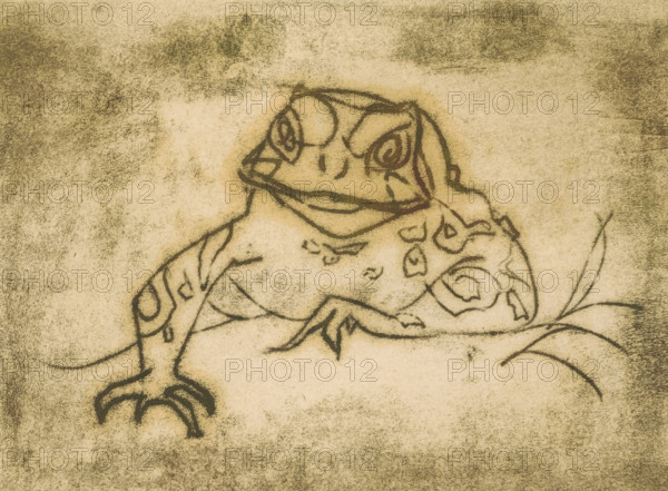 Pad, print, printmaker: Dick Middelhoek, 1959, paper, monotype, monotype of marble slab in greenish-brown, height 165 mm x width 224 mm, tailless amphibians: toad, A close-up sketch of a frog-like creature rendered in dark charcoal lines on a textured, sepia-toned background, showing a broad head with prominent eyes and a wide mouth, a patterned back with organic swirl shapes, a front limb extended with clawed toes, and a few curving plant-like lines nearby.
