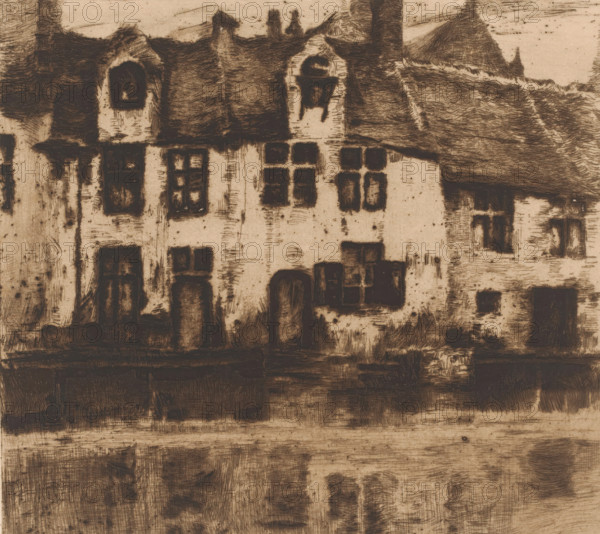 Houses along the canal, print, printmaker: attributed to Albert Baertsoen, 1876 - 1922, Attributed to, paper, drypoint, etching, intaglio printmaking technique, height 247 mm x width 274 mm, A sepia-toned etching of a row of old buildings with steep pitched roofs and textured roof thatching, darkened window openings of various shapes and sizes, arched and rectangular window frames, rough vertical and horizontal hatch marks on the walls, a prominent central doorway with darkened entrance, chimneys and dormer-like roof features, dense cross-hatching and smudged ink strokes creating shadows and weathered surfaces, and a darker lower foreground area suggesting a street or ground plane.